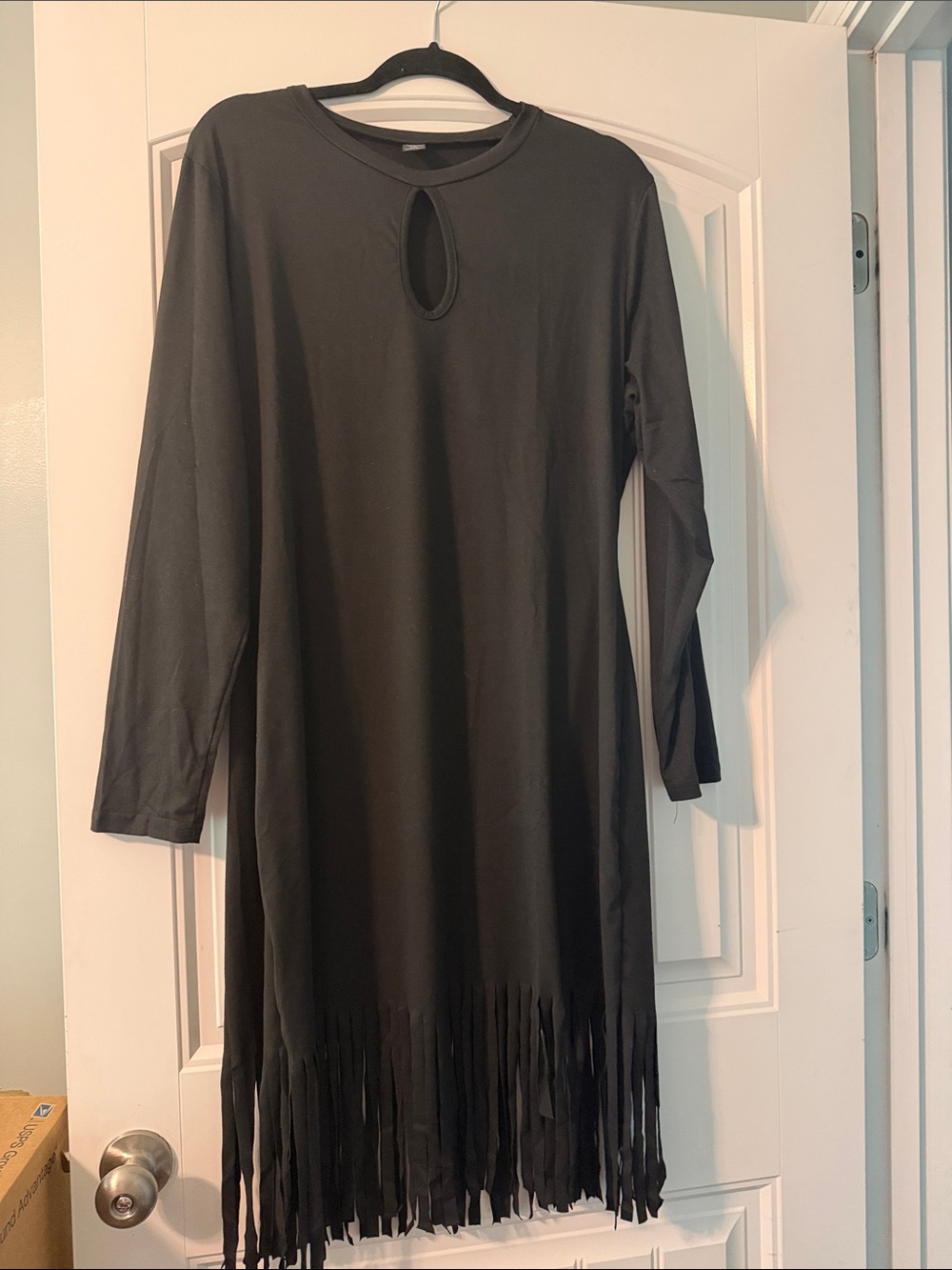 Black Long Sleeve Fringe Dress with Keyhole Neckline